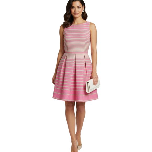 Taylor Dresses & Skirts - NWT Taylor Womens 14 Fit Flare Dress Pink Green Stripe Pleated Pocket Sleeveless